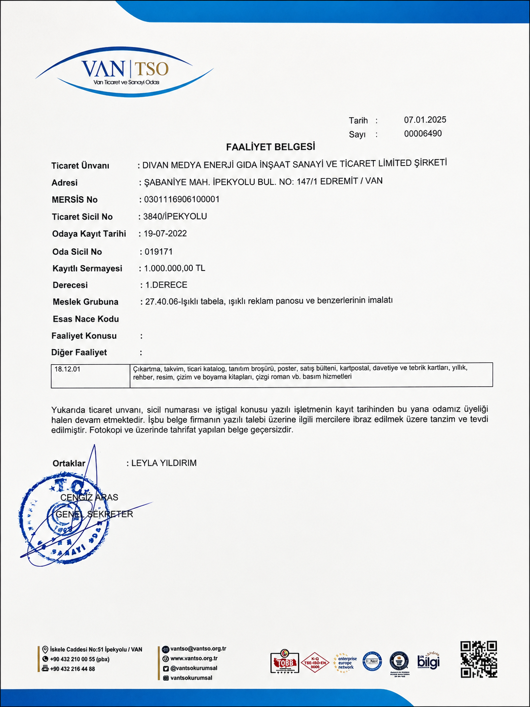 KutuPratik faaliyet belgesi - Van Ticaret ve Sanayi Odası