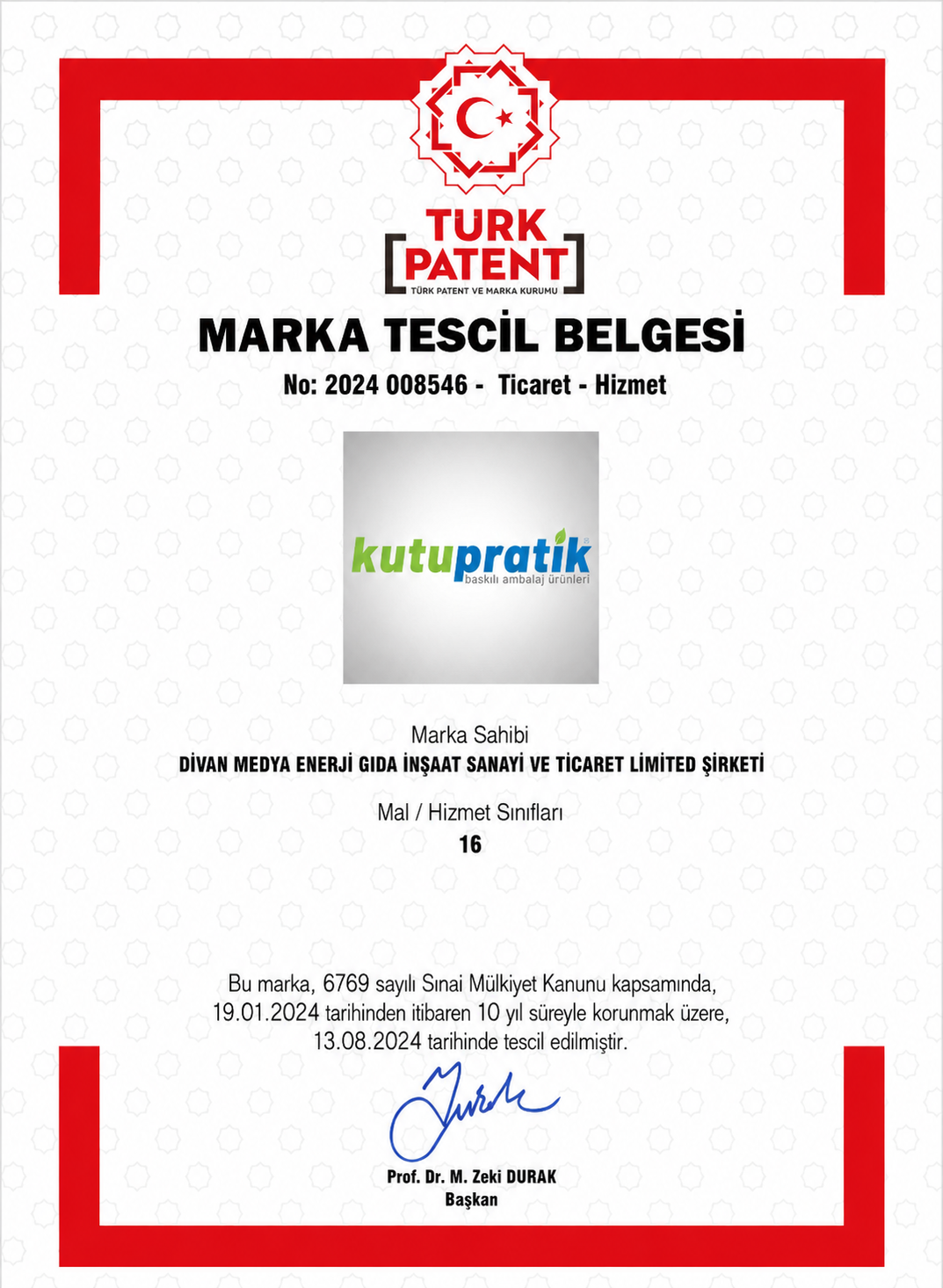 KutuPratik marka tescil belgesi - Türk Patent
